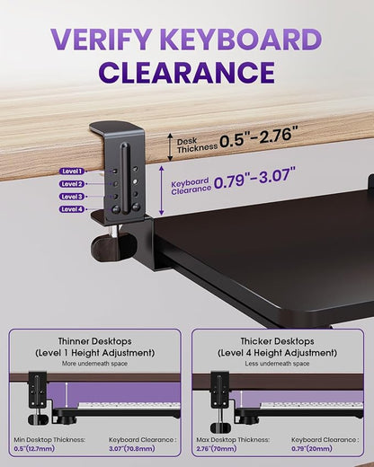 Ergonomic Keyboard Tray Under Desk, Pull Out with Adjustable C-clamp, 25.6 (31.5 Including Clamps) x 11.8 Inch Slide Out Computer Keyboard Drawer Mouse Tray for Typing, Large & Black