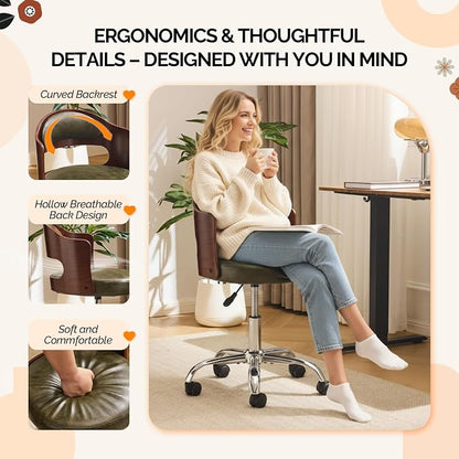 VINGLI Armless Home Office Desk Chair, Adjustable Swivel Chair,Dual-Use with/no Wheels,Small Retro Designed Walnut Curved Task Chair,Cushioned Nail Tech Chair for Study Area,Workspace,PU,Olive Green