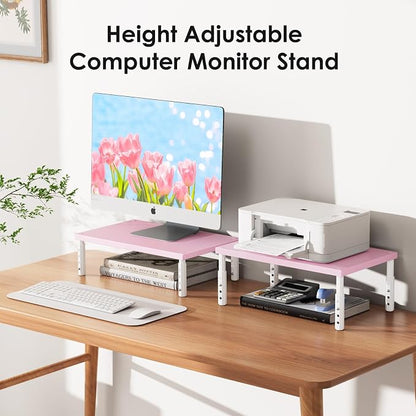 ECOLOVI 4-Height Adjustable Wood Computer Monitor Stand Riser, Desktop PC Printer Laptop Stand for Desk Organizer and Accessories, Office Desk Decor & Accessories for Women, Pink