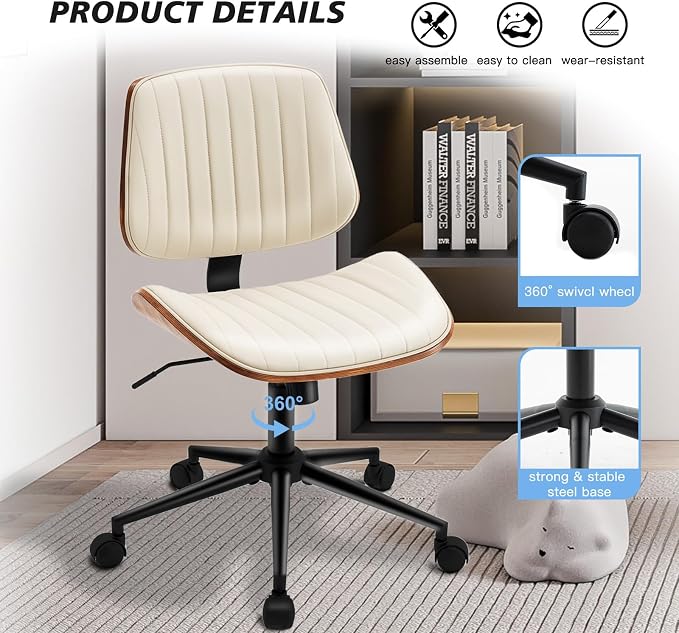 Armless Desk Chair with 360°Swivel Wheels, Ergonomic Adjustable Height Computer Chair for Home Office,PU Leather with Modern Walnut Drafting Chairs for Office, Reading Nook(Beige)
