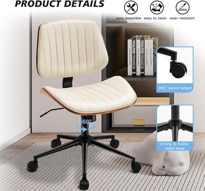 Armless Desk Chair with 360°Swivel Wheels, Ergonomic Adjustable Height Computer Chair for Home Office,PU Leather with Modern Walnut Drafting Chairs for Office, Reading Nook(Beige)