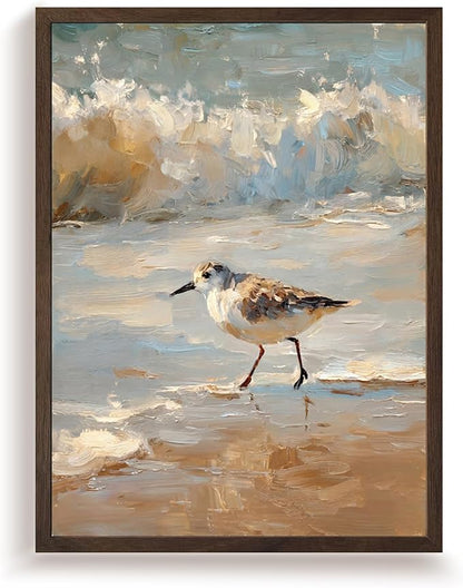 Vintage Framed Coastal Wall Art, Impressionist Sandpiper Bird Canvas Painting, Rustic Beach Ocean Wall Decor for Bathroom Bedroom Beach House 8x10 Inch