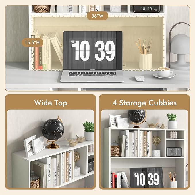 GOFLAME 4 Cubes Desktop Bookshelf, 37” Tabletop Wood Desk Shelf for Computer Monitor, Modern Countertop Desk Display Hutch Storage Organizer Shelf for Home Office, Dorm, Study, White