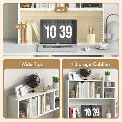 GOFLAME 4 Cubes Desktop Bookshelf, 37” Tabletop Wood Desk Shelf for Computer Monitor, Modern Countertop Desk Display Hutch Storage Organizer Shelf for Home Office, Dorm, Study, White