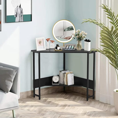 GOFLAME Corner Desk with Power Outlet, Triangle Computer Desk for Small Space, Space-Saving Writing Desk with Storage Shelf and Charging Station, Modern Laptop PC Desk for Home Office, Black