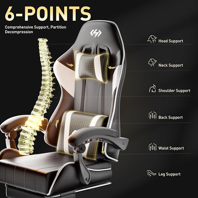 HLDIRECT Gaming Chair, Ergonomic Computer Office Chair with Lumbar Support Footrest Headrest, Adjustable Height & Backrest Angle Video Gamer Chair, PU Leather, 360° Swivel, Adult (Black&White)