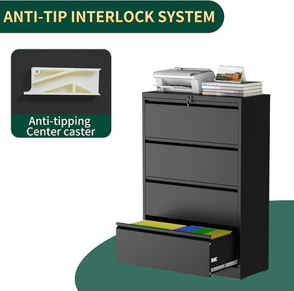 4 Drawer Lateral File Cabinet with Lock, Black Metal File Cabinets for Home Office, Steel Heavy-Duty Filing Storage Cabinet for Letters/Legal/A4, Require Assembly