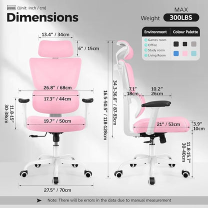 Ergonomic Office Chair High Back Desk Chair with Lumbar Support, Breathable Mesh Computer Chair with Adjustable Armrests Height, Reclining Swivel Big and Tall Gaming Chair for Home Office(Pink)