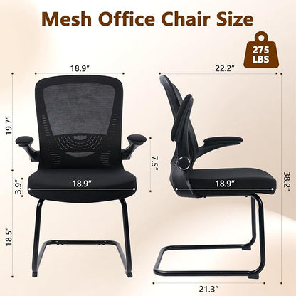 CLATINA Office Guest Chair no Wheels, Ergonomic Mesh Desk Chair Adjustable Lumbar Support and Flip Up Arms, Sled Base for Office Guest & Reception Chairs for Conference Room,Black (8PK)