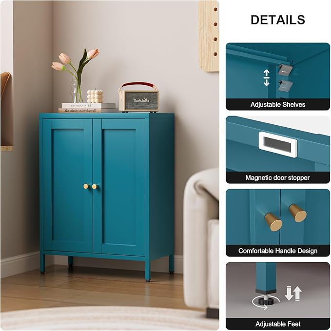 Bevivog Bathroom Floor Storage Cabinet,Metal Storage Sideboard with 2 Doors and 2 Adjustable Shelves,Modern Small Storage Cabinets, Blue Metal Locker for Entryway,Living Room,Hallway