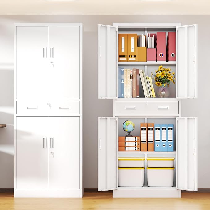 BESFUR Metal Storage Cabinet with 1 Drawer and Adjustable Shelves, 71" H Reinforced Heavy Duty Locking Storage Cabinet for Office, Garage, Home, School, Utility(White)