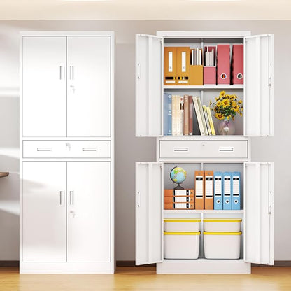 BESFUR Metal Storage Cabinet with 1 Drawer and Adjustable Shelves, 71" H Reinforced Heavy Duty Locking Storage Cabinet for Office, Garage, Home, School, Utility(White)
