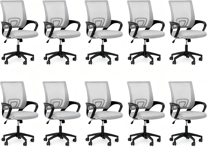 Office Chair, Ergonomic Mid-Back Mesh Desk Chair, 10 Pack, Light Gray | Lumbar Support, Adjustable Height, Rolling Wheels Design, Comfy Armrest, Work, Study, Gaming