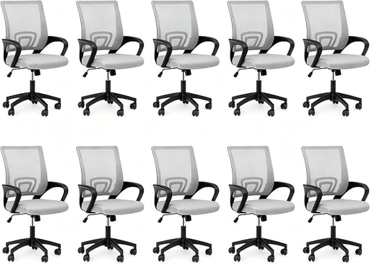 Office Chair, Ergonomic Mid-Back Mesh Desk Chair, 10 Pack, Light Gray | Lumbar Support, Adjustable Height, Rolling Wheels Design, Comfy Armrest, Work, Study, Gaming