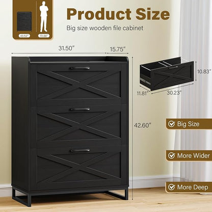 Halitaa File Cabinet 3 Drawers Lateral File Cabinet with Charging Station for Letter/Legal/A4 Size Hanging Files, Large Wood File Storage Cabinets Printer Stand for Home Office, Black
