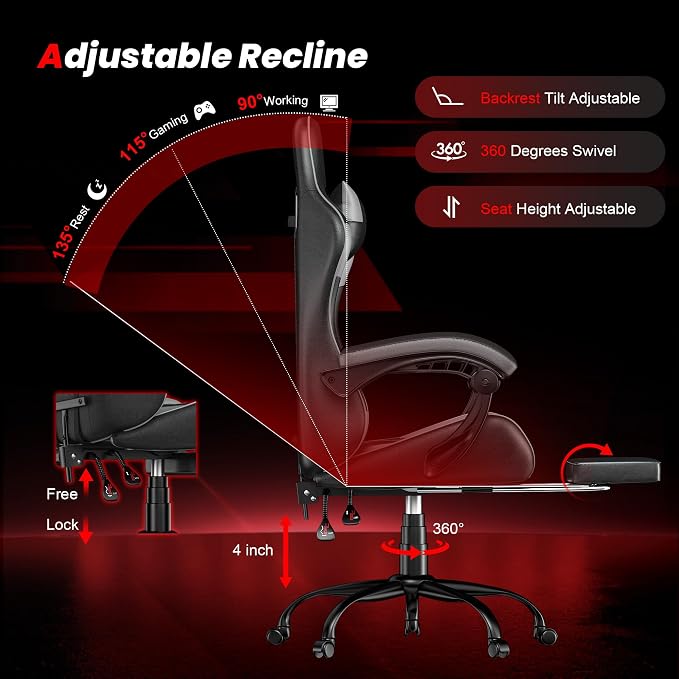 Gaming Chair with Footrest, Ergonomic Video Game Chair with Headrest and Lumbar Support, 400 lbs Adult Chair, Height Adjustable 360° Swivel High Back Reclining Computer Chair for Home Office (Grey)