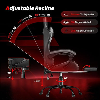 Gaming Chair with Footrest, Ergonomic Video Game Chair with Headrest and Lumbar Support, 400 lbs Adult Chair, Height Adjustable 360° Swivel High Back Reclining Computer Chair for Home Office (Grey)