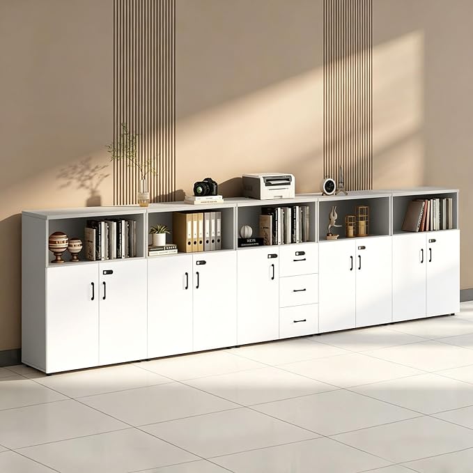 File Cabinet with Password Lock, Wood Lateral Filing Cabinet for Letter/A4 Files, 3 Drawer with Door, Printer Stand with Open Shelves for Home Office