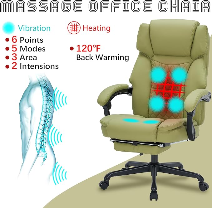 Massage Office Chair with Foot Rest 6 Points Vibration and Heat Home Office Desk Chairs for Heavy People 400lbs Reclining Managerial Chairs Ergonomic Executive Chair (Green)
