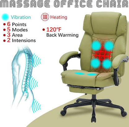 Massage Office Chair with Foot Rest 6 Points Vibration and Heat Home Office Desk Chairs for Heavy People 400lbs Reclining Managerial Chairs Ergonomic Executive Chair (Green)