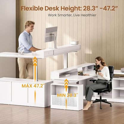 SEDETA L Shaped Electric Standing Desk, 63 inch Height Adjustable Corner Computer Desk with Storage Shelves and LED Lights, Corner Gaming Desk with Power Outlet and Pegboard for Home Office, White