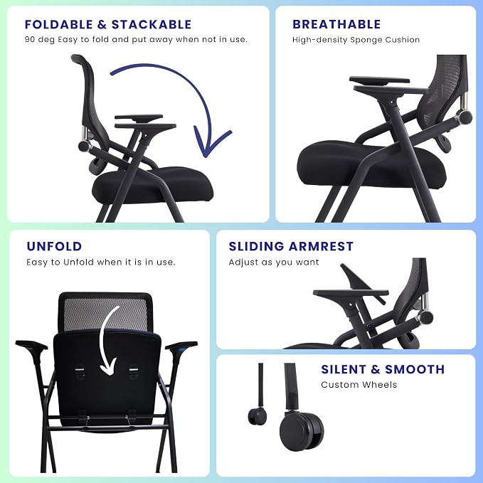 10 Pack Stackable & Foldable Conference Room Chairs with Lumbar Support, Armrest - Ergonomic Mesh Bouncing Back for Office Meeting, Conference, Reception and Training Room Chair