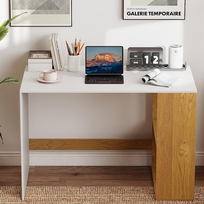 Tangkula Computer Desk, 44" Home Office Desk with 2-Tier Bookshelf, Study Writing Desk, Wooden Laptop Desk for Small Space, PC Workstation for Bedroom & Living Room (White & Natural)