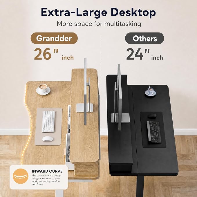 Grandder Electric Standing Desk with Two Drawers, Curved Desktop Sit to Stand Up Height Adjustable Desk with Storage Shelf for Home Office, 47 * 26 Inch, Ergonomic Adjustable Computer Desk, Oak