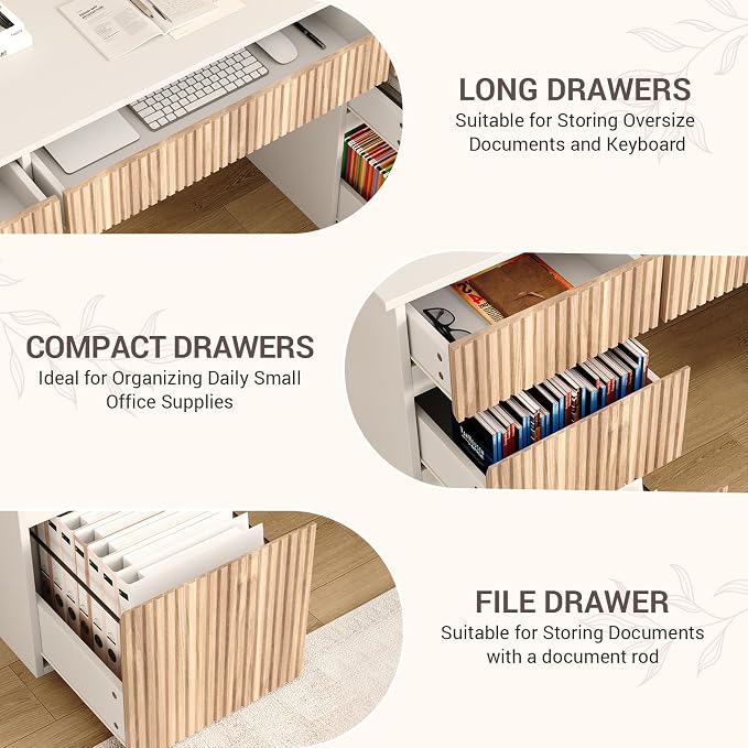 4 EVER WINNER 58 Inch White Desk with Drawers, Home Office Desks with 7 Storage Drawers, Executive Desk with File Cabinet for Bedroom Study Work Table Writing, White and Walnut