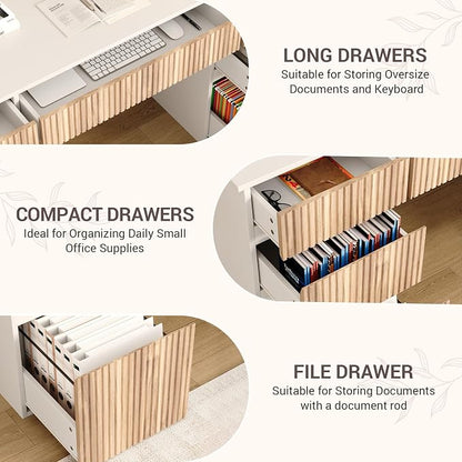 4 EVER WINNER 58 Inch White Desk with Drawers, Home Office Desks with 7 Storage Drawers, Executive Desk with File Cabinet for Bedroom Study Work Table Writing, White and Walnut
