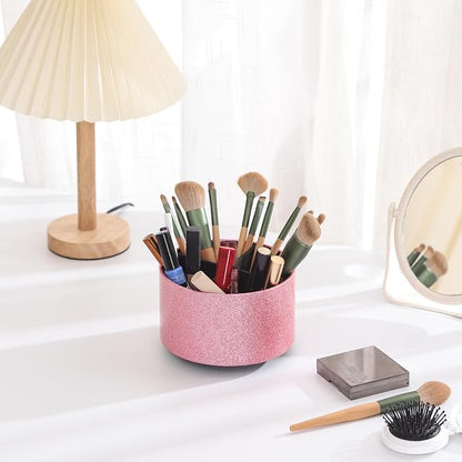 Remote Holder, PU Leather 360 Degree Rotating Desktop Organizer with 4 Compartments, Makeup Brush Holder Organizer for Vanity Desk, Bling Pink PH102