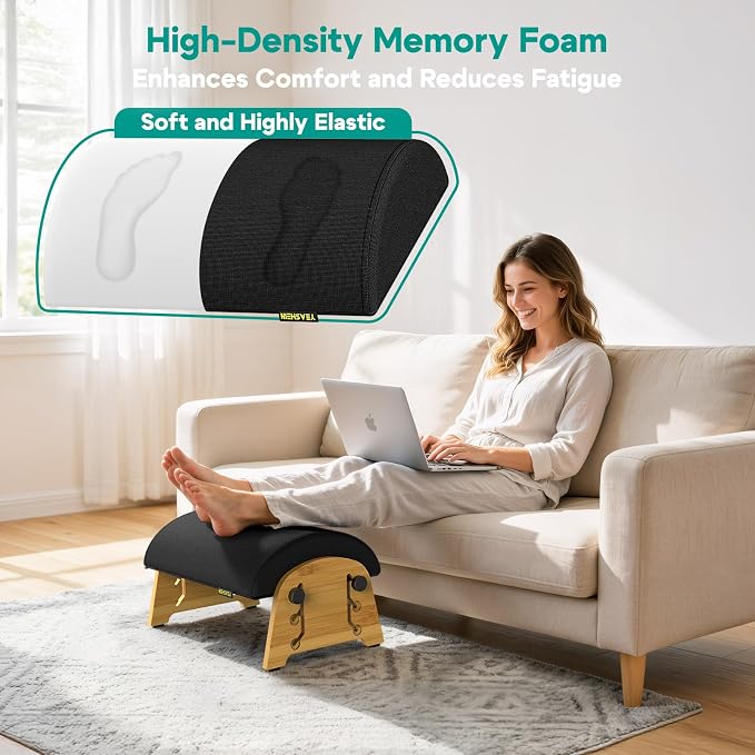 YEASHEIN Ergonomic Foot Rest Under Desk At Work, Bamboo Wood Adjustable Foot Stool Under Desk with 6 Positions, Office Footrests with Memory Foam, Leg Rest Used for Car, Home, PC Gaming Accessories