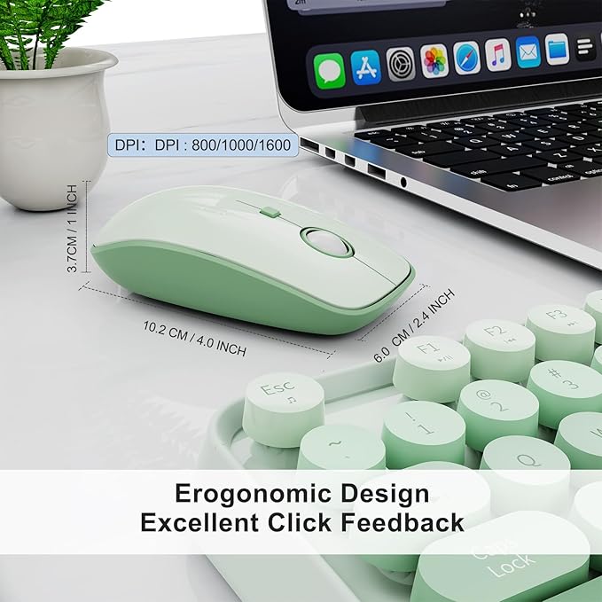 Sage Green Wireless Keyboard and Mouse Combo, Creamy Bubble Keyboard with Round Keys, 2.4GHz Cute Typewriter Style Full Size Mint Green Keyboard with Number Pad for PC Laptop Desktop