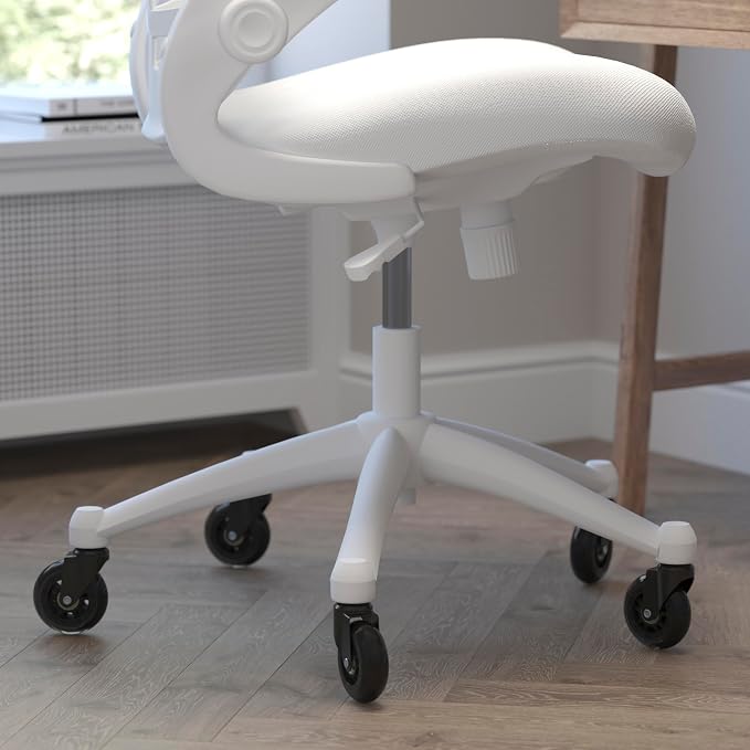 Flash Furniture Kelista Mid-Back White Mesh Swivel Ergonomic Task Office Chair with White Frame, Flip-Up Arms, and Transparent Roller Wheels
