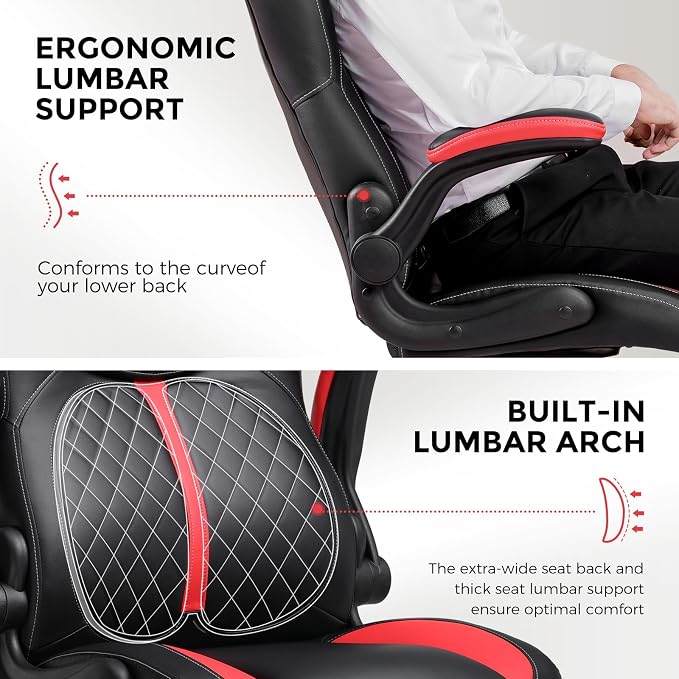 COMHOMA Office Computer Gaming Chair Ergonomic Desk Chair for Adults with Lumbar Support Flip-Up Arms Adjustable Height Swivel Wheels PU Leather Executive Design for Short People Use, Red
