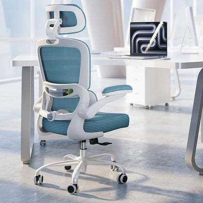 TRALT Ergonomic Office Chair - Desk Chair with Adjustable Headrest Lumbar Support Computer Chair - Mesh Comfy Chair with Flip-up Armrests - Gaming Chairs for Adults Home Office (PU Leather, Blue)