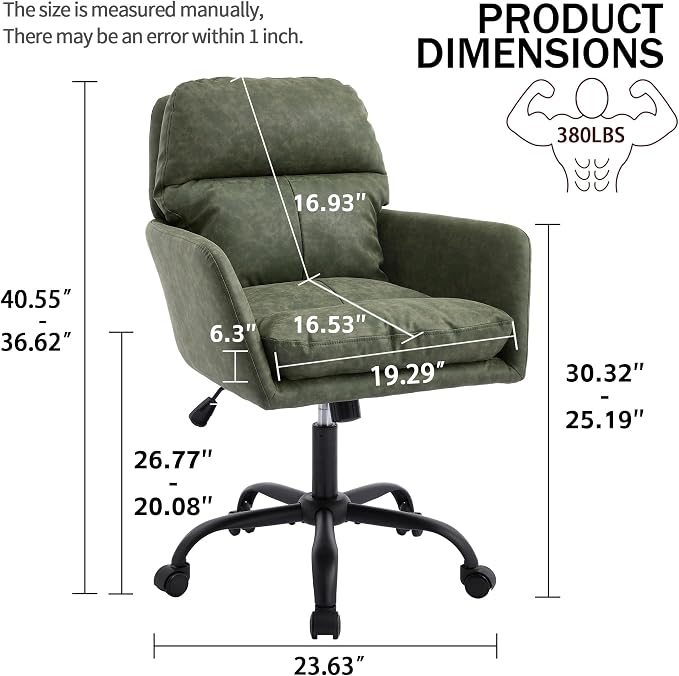 YITAI Adjustable Home Office Desk Chair with Comfy Square Mid-Back, Faux Leather 360,Study Green