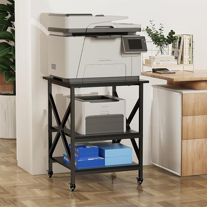 3 Tier Printer Stand, Large Table with Wheels, Rolling Cart with Height Adjustable Middle Storage Shelf, 23.6 x 23.6 x 30.3 Inches Shelf for Home Office, Black