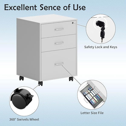 Need 3 Drawer Wood Mobile File Cabinet with Lock,Rolling Filing Cabinet for Letter/A4 Size for Home Office,White,10CZLXFC04WT-ND-XIN