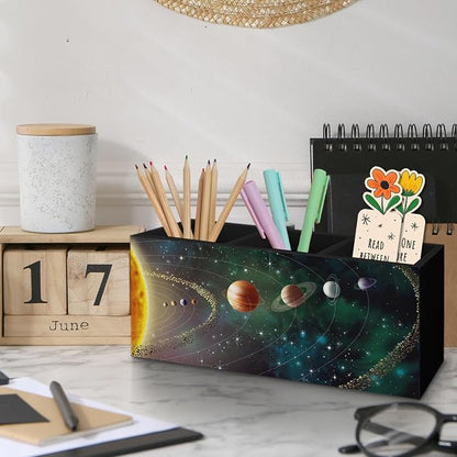 Black Outer Space Decor Wooden Pen Pencil Holder for Desk, Black Space Themed Bedroom Decor Gift for Kids Men, The Solar System Wood Makeup Brush Toothbrush Holder Organizer for Library Bedroom