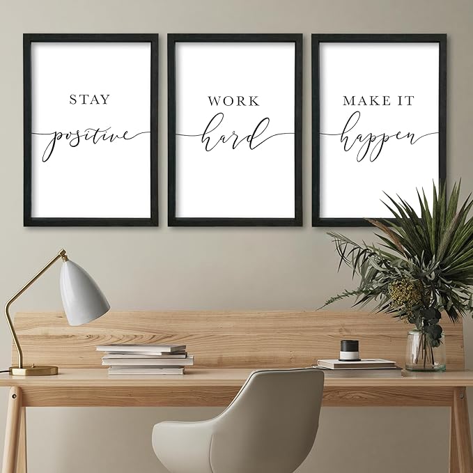 Stay Positive Work Hard Make It Happen Wall Art 16x24–3Pc Wood Frame Office | Motivational Quotes Wall Decor Inspirational Signs Black Frame Home Hanging Art