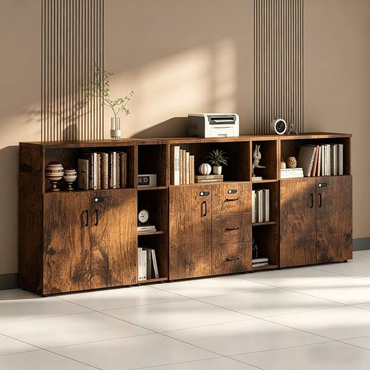 File Cabinet with Password Lock, Wood Lateral Filing Cabinet for Letter/A4 Files, 3 Drawer with Door, Printer Stand with Open Shelves for Home Office