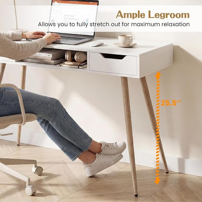 Giantex White Computer Desk with Drawers, 42.5" Minimalist Mid Century Modern Vanity Writing Desk with Open Storage Cubby & Metal Leg, Compact Wooden Study Table for Small Spaces Home Office (White)