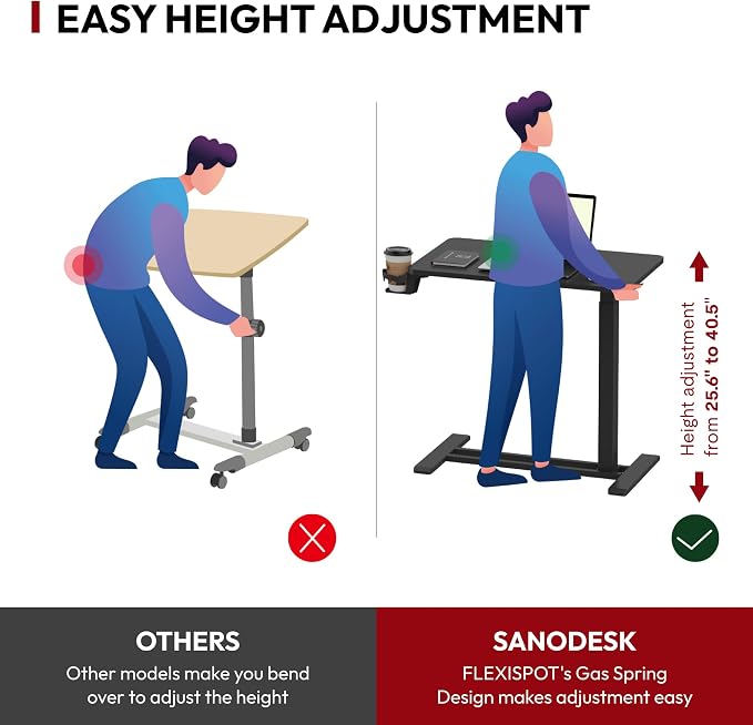SANODESK Mobile Standing Desk with Hidden Wheels,Pneumatic Laptop Desk Rolling Computer Cart Movable Height Adjustable Small Sit Stand Desk for Home Office(31.5" W x 17.7" D, Black)