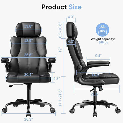 Kensaker Office Chair with Adjustable Headrest & Lumbar Support for for Lower Back Pain Relief, Executive PU Leather Chairs Comfy with Double Padding & 135° Rocking for Home Office, Black