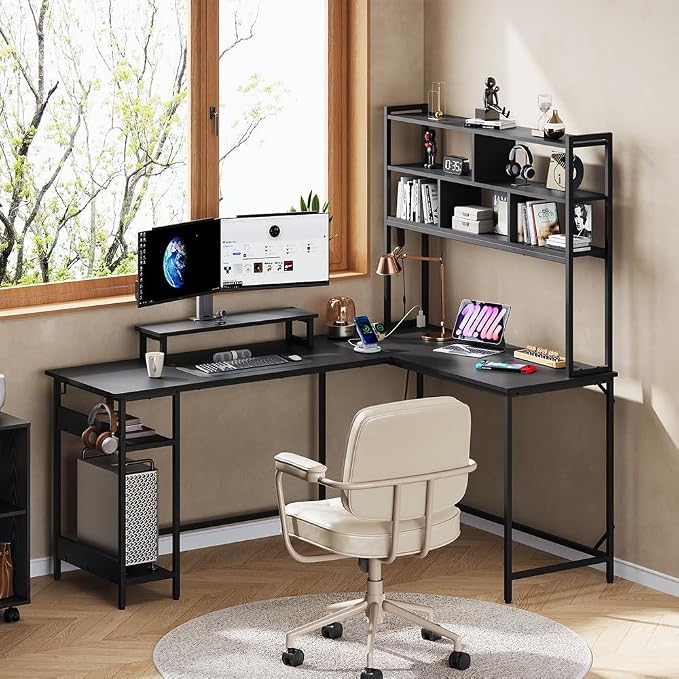 DEVAISE 66 Inch L Shaped Gaming Desk with Drawers and Storage, Corner Desk with LED Lights, Power Outlets, Computer Desk with Monitor Stand, Office Desk for Home, with Hutch, Black