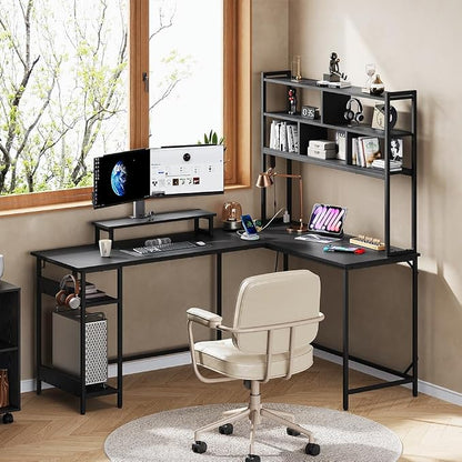 DEVAISE 66 Inch L Shaped Gaming Desk with Drawers and Storage, Corner Desk with LED Lights, Power Outlets, Computer Desk with Monitor Stand, Office Desk for Home, with Hutch, Black
