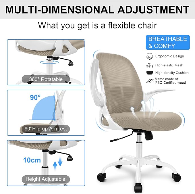Primy Office Chair Ergonomic Desk Chair with Flip up Armrests Swivel Breathable Desk Mesh Computer Chair with Adjustable Lumbar Support and Height for Conference Room (Khaki)
