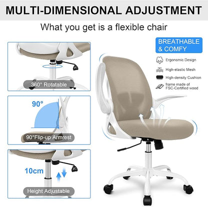 Primy Office Chair Ergonomic Desk Chair with Flip up Armrests Swivel Breathable Desk Mesh Computer Chair with Adjustable Lumbar Support and Height for Conference Room (Khaki)