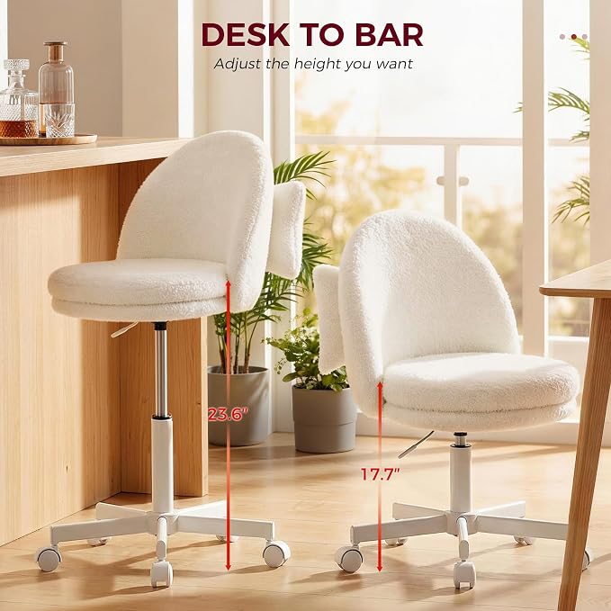 GTPLAYER Velvet Tall Office Chair with Wheels Vanity Chairs with Back, Versatile Height Use: Office to Bar Stools Small Ergonomic Comfy Armlees Computer Desk Chair with Bow Lumbar Pillow for Gift